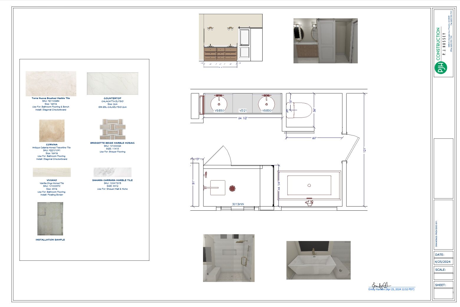 Design sheet for bathroom remodel that includes dimensions, materials, and placement to be used by the builder as a guide during the renovation.