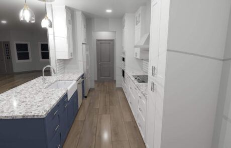 3D rendering of a remodeled kitchen featuring white cabinetry, a blue island, granite countertops, and modern pendant lighting.