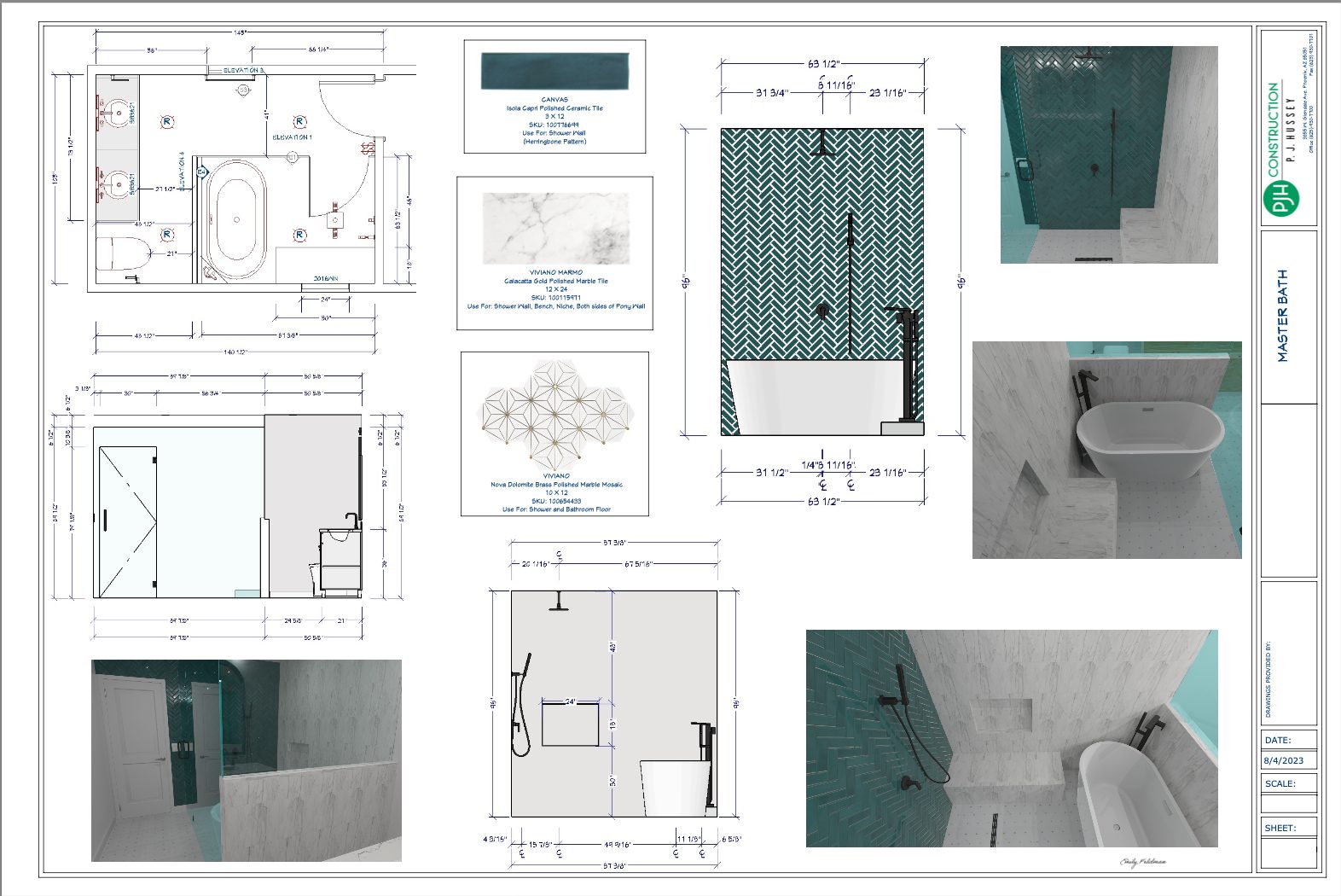 Master Bathroom Remodel design sheet featuring 3d renderings, materials used, and to scale plans.